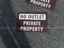 USED (2) STOP SIGNS, (1) NO SOLICITING SIGN, (1) STREET SIGN, (1) AHEAD SIGN, (2) NO OUTLET PRIVATE PROPERTY SIGNS