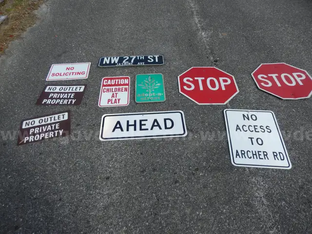 USED (2) STOP SIGNS, (1) NO SOLICITING SIGN, (1) STREET SIGN, (1) AHEAD SIGN, (2) NO OUTLET PRIVATE PROPERTY SIGNS