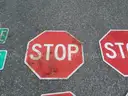 USED (5) STOP SIGNS, (2) STREET SIGNS, (1) TRAIL X-ING, (1) NO MOTOR VEHICLES, (1) ARROW SIGN