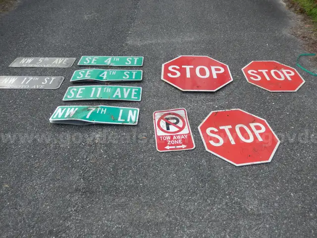 USED (6) STREET SIGNS, (3) STOP SIGNS, (1) TOW AWAY ZONE SIGN