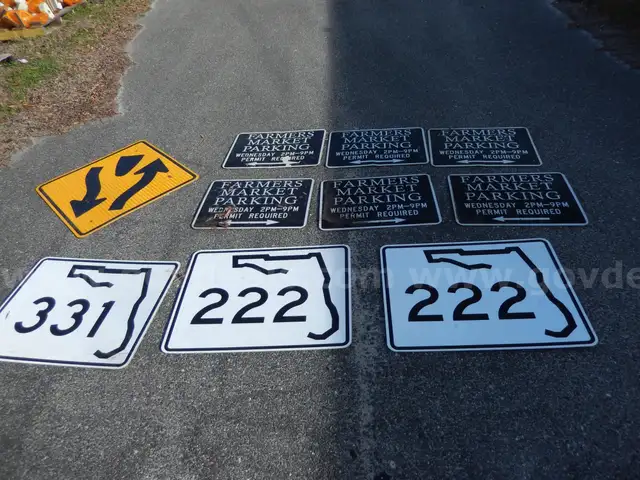 USED (6) FARMERS MARKET PARKING SIGNS, (2) 222 ROAD SIGNS, (1) 331 ROAD SIGN, (1) ROAD SIGN