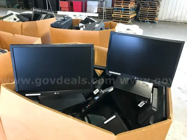 LOT OF MONITORS, KEYBOARDS, MICE AND MISC. ITEMS ON SIX PALLETS.