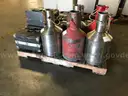 LOT OF 5 GALLON TEST MEASURES AND WEIGHT KITS.