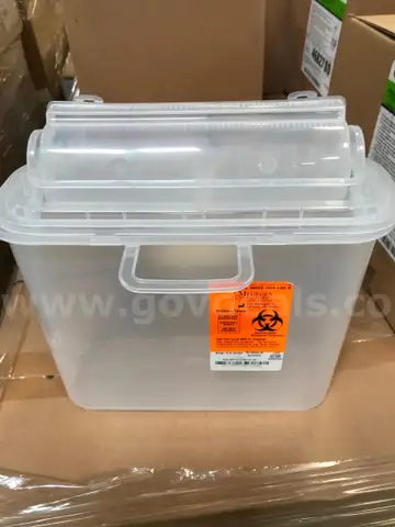 A pallet of Medegen stackable sharps-Tainers 5.4qt (clear)