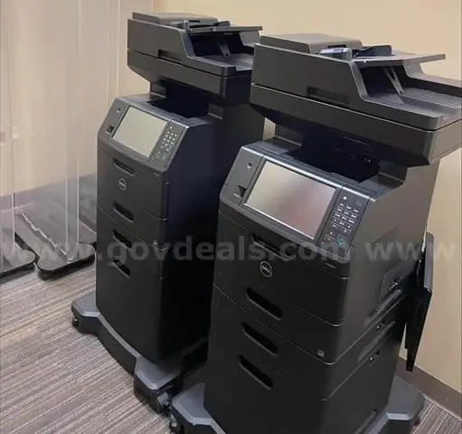 Two Dell Printers & One Wood Hutch with Desk