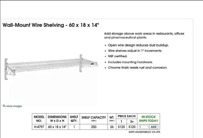 60 x 18 x 14&#x22; Wall Mount Wire Shelving
