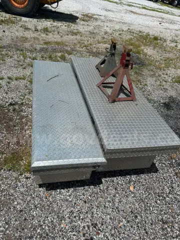 truck boxes, 2 jack stands, pallet with scrap metal