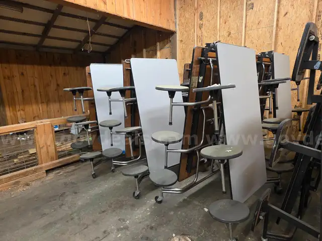 12 Lunch Tables with 12 Black Stool Like Seats