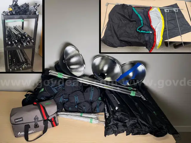 Lot of 87 Lighting Equipment (Stands, Umbrellas,  Softboxes, Reflectors, etc) (Brands such as Manfrotto and Westcott)