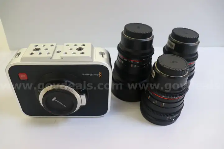 Lot of 1 Blackmagic Cinema Camera and 3 Rokinon lenses