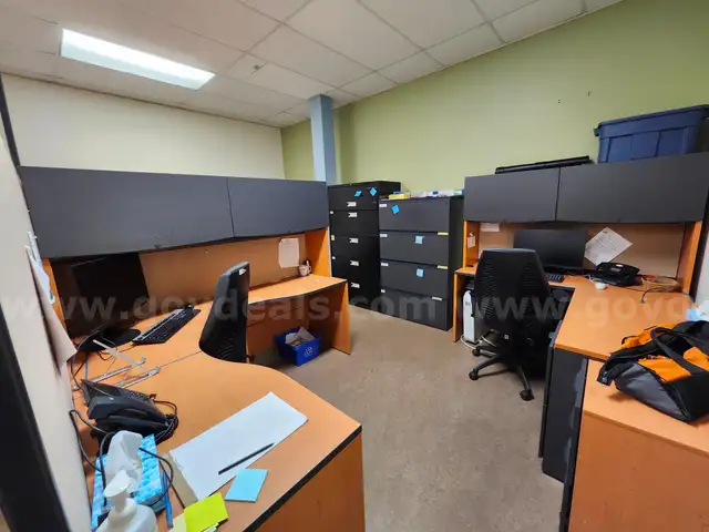 Office Desk set (5 desks) with partitions + 2 cabinets (item #13) (chair/monitor not included)