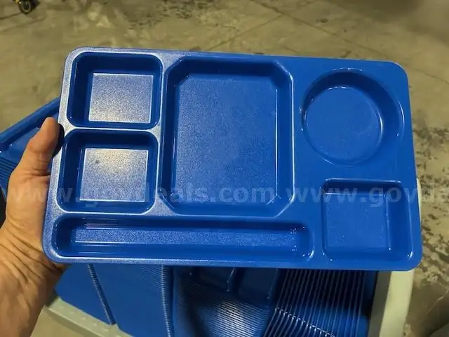 400+ Royal Blue Cafeteria Trays with 2-Storage Carts (SOLD AS IS).