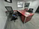 Office Furniture: includes 'L' desk, desk and credenza; cherry finish