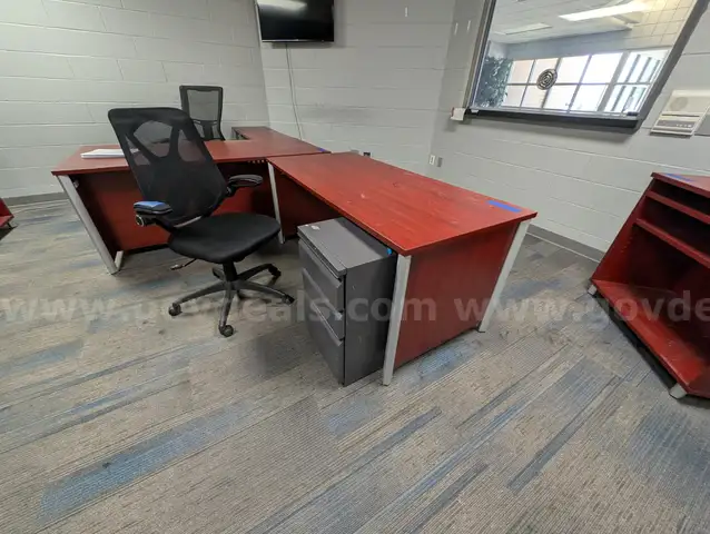 Office Furniture: includes 'L' desk, desk and credenza; cherry finish