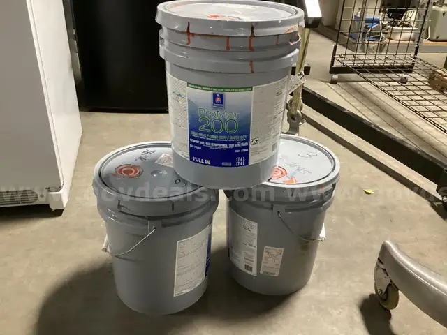 3 - Partial 5 Gallon Buckets of Sherwin Williams Paint, Color # 6629,6883 &#x22;Jalapeno , Raucous Orange&#x22;