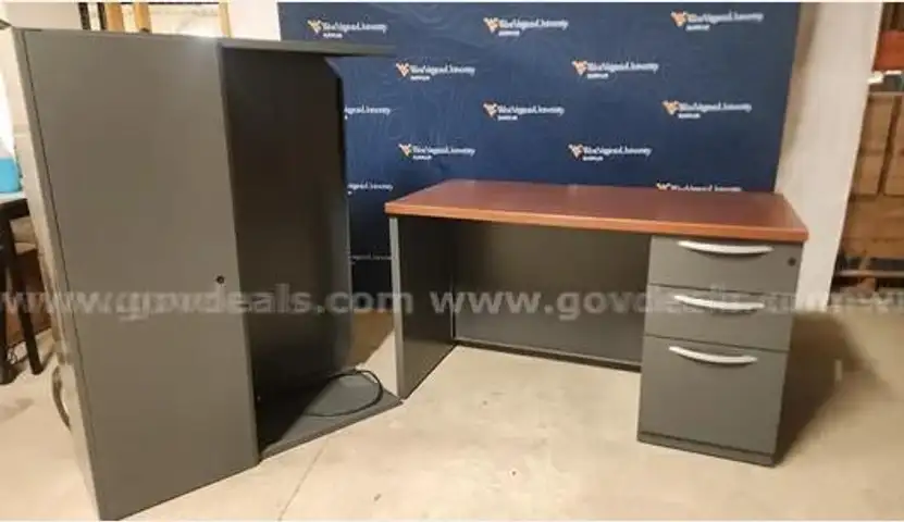 Cute metal desk with overhead cabinet w/light