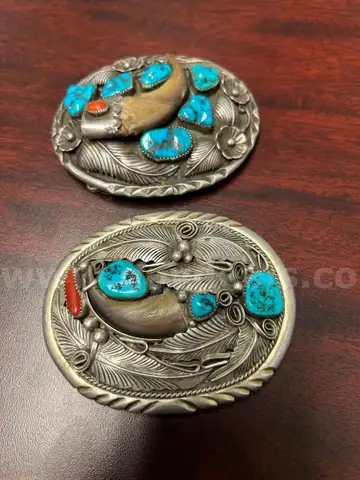 Silver belt buckles, silver spoons and ring