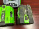 EGO push mower, chainsaw, weed trimmer, batteries and charging stations combo