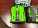 EGO push mower, chainsaw, weed trimmer, batteries and charging stations combo