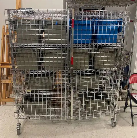 Secure Storage Cart on wheels with plastic storage bins