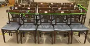 Lot of Wooden Dining Chairs with Blue Upholstered Seats