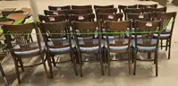Lot of Wooden Dining Chairs with Blue Upholstered Seats