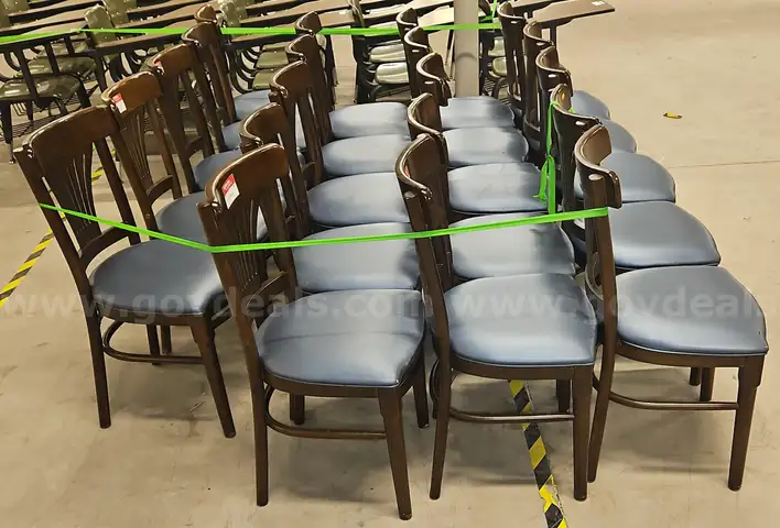 Lot of Wooden Dining Chairs with Blue Upholstered Seats