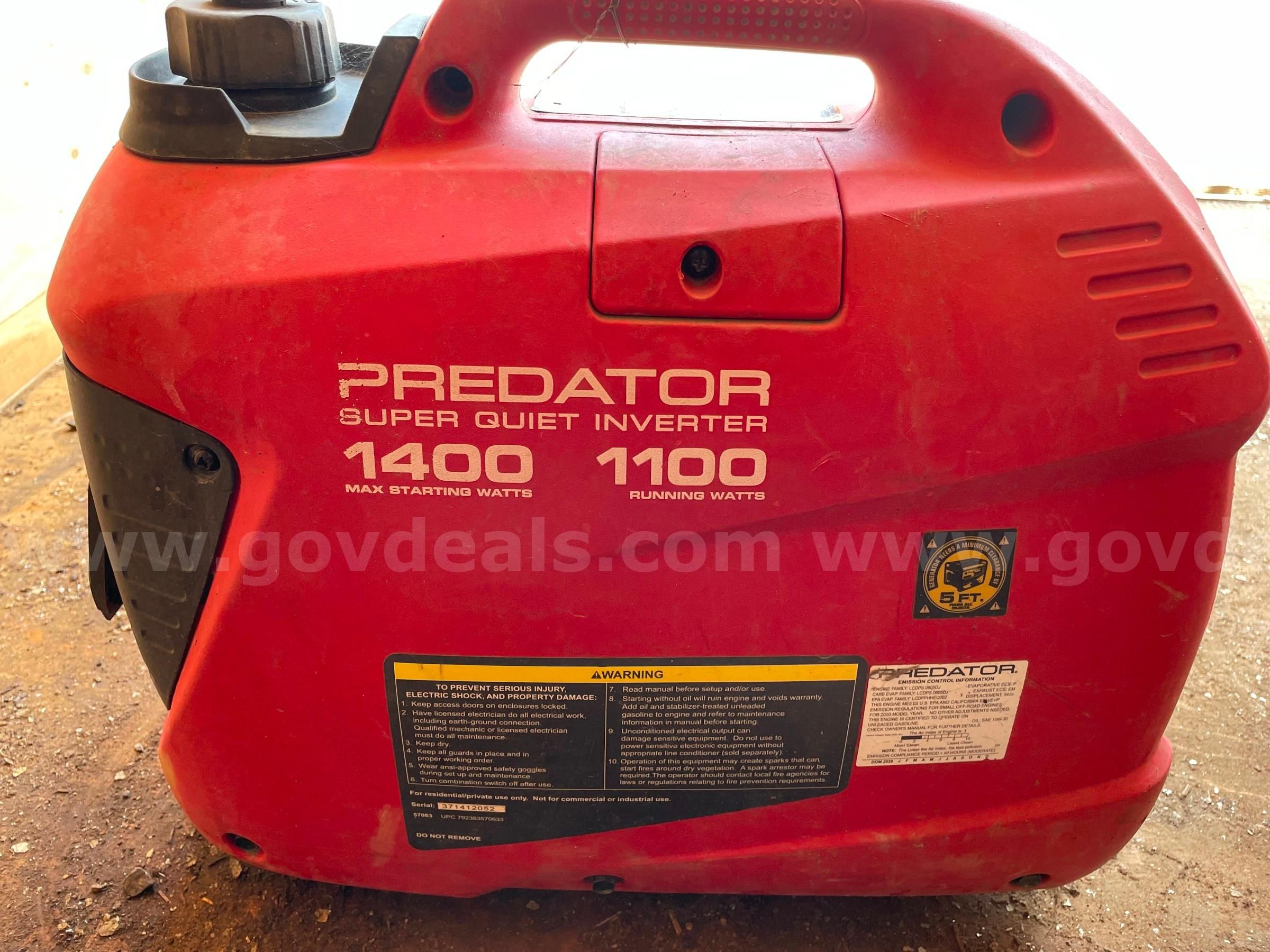 PREDATOR 1400 Watt SUPER QUIET Inverter Generator | GovDeals