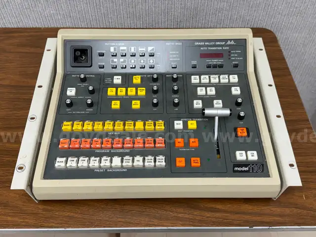 Grass Valley Video switcher model 1 1 0, with Video I/O box, Audio box & power supply. No cabling.