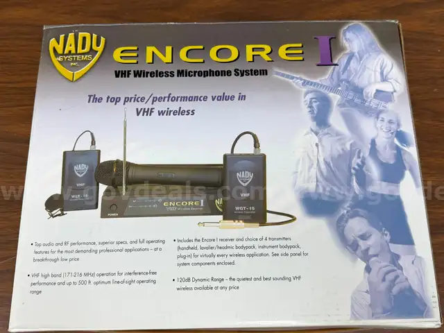 Nady Encore I VHF Wireless microphone system. Includes Encore I receiver & WLT15 Wireless bodypack transmitter (labe