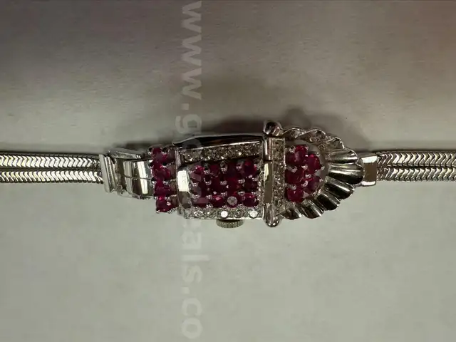 Retro Ruby 14k White Gold Covered Wristwatch