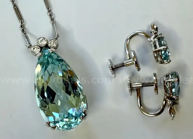 Aquamarine, Diamond, 14K White Gold Pendant &#x26; Earrings
