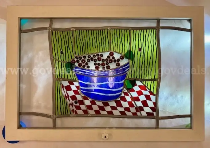 Vintage Stained Glass Window, Still Life Scene, 28 ½ x 40 ½", good condition.  *RELISTED w/ BETTER PICS*