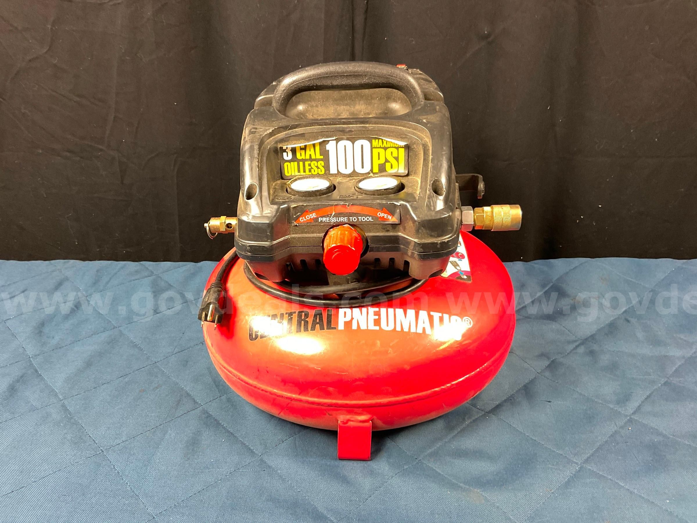 Central Pneumatic 3 Gallon Air Compressor Model 60637 Powers On Damaged GovDeals