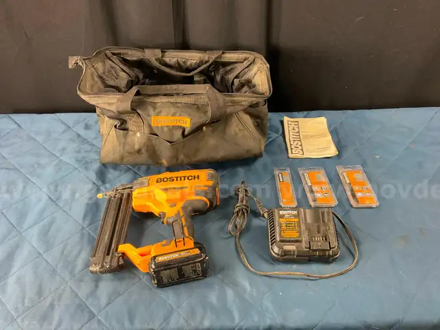Bostitch Tool Bag with Bostitch Brad Nailer Model BCN680, 2ah Battery and Charger, All Power On