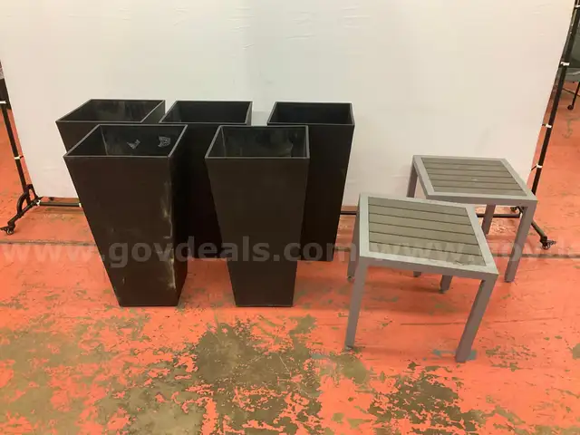 Lot of Misc. Patio Furniture: 5 - Planters and 2 - Outdoor Tables