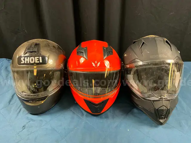 3 - Motorcycle Helmets: 1Storm L, O&#x27;Neal S &#x26; Shoel XL