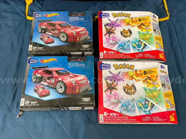 4 - MEGA Brick Sets: 2 - Hot Wheels Cadillac Model HRY18 &#x26; 2 - Pokemon Eevee Evolution Model GFV85