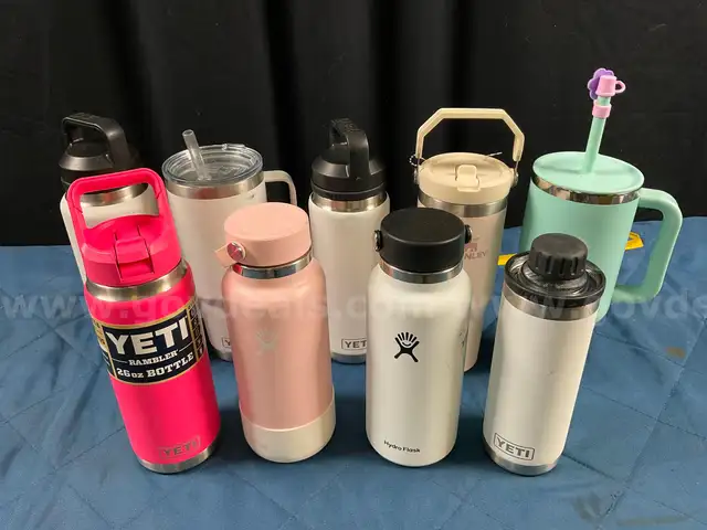 9 - Water Bottles, Labeled as Yeti, Hydroflask &#x26; Stanley