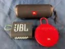3 - JBL Bluetooth Speakers: 1 - Flip 4, 1 - Clip 3 and 1 - Go 3, All Power On