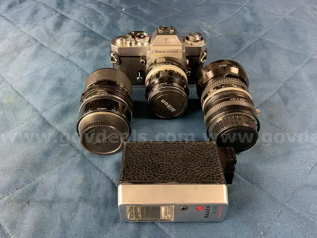 Nikon Nikkormat EL Film Camera With Nikkor-O Lens, Nikon PK-13 Lens, Nikon HS-9 Lens &#x26; Bauer E 200 Autoblitz Flash