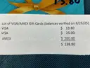 Lot of VISA/AMEX Gift Cards, $238.80 Total Balance
