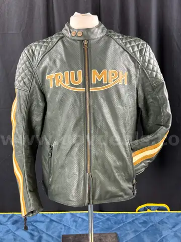 Triumph Braddan Air Race Green Leather Motorcycle Jacket, Size: XL, Model: MLES2337