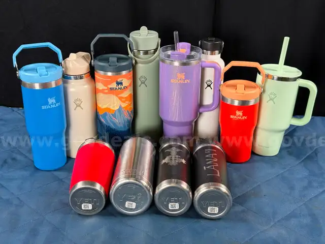 12 - Water Bottles, Tumblers, and Thermos: 4 - Stanley, 4 - Yeti, and 4 - Hydro Flask