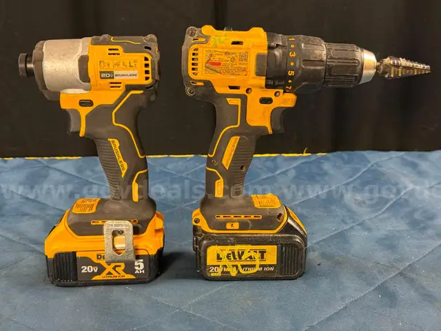 2 - DeWalt Cordless Power Tools with 2 - Batteries and Charger (All Power On)