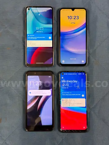4 - Cellphones (Unlocked): 1 - Samsung, 1 - OnePlus, 1 - Motorola, and 1 - BLU (All Power On)