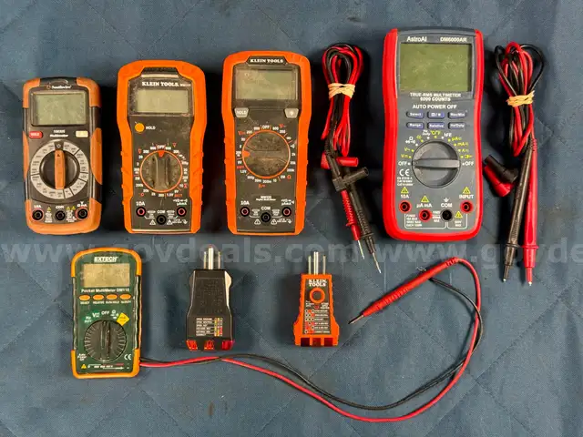Lot of Electrical Tools, 5 - Multimeters &#x26; 2 - GFCI Testers (All Power On)