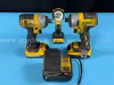 2 - DeWalt Power Tools, 3 - Batteries, 1 - Work Light, and Charger (All Power On)