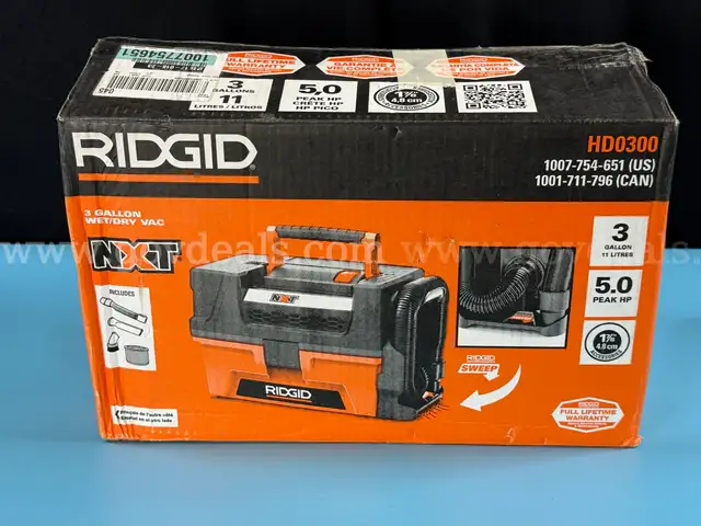 Rigid 3 Gallon Wet/Dry Vac with Attachments, Model: HD0300 (Powers On)