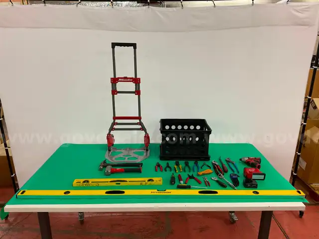 Lot of Misc. Tools with Milwaukee Handcart, Includes 2 - Milwaukee Cordless Power Tools, Both Power On